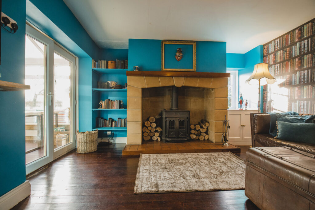 Wide angle view the interior of a vibrant living room.