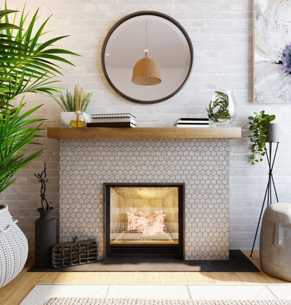 3d render. The fireplace is lined with hexagonal tiles in the interior. 3d render